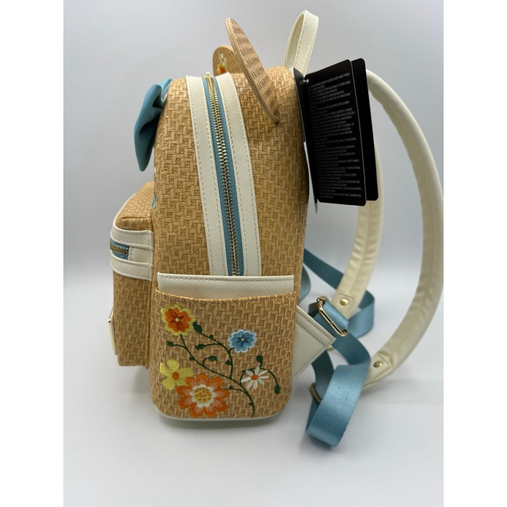 Disney Loungefly Minnie Mouse Straw Floral Embroidered Mini Backpack Blue Bow NW - Picture 2 of 7